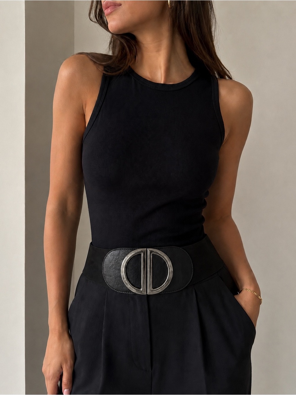Classic Black Wide Leather Waist Belt with Silver Circle Buckle